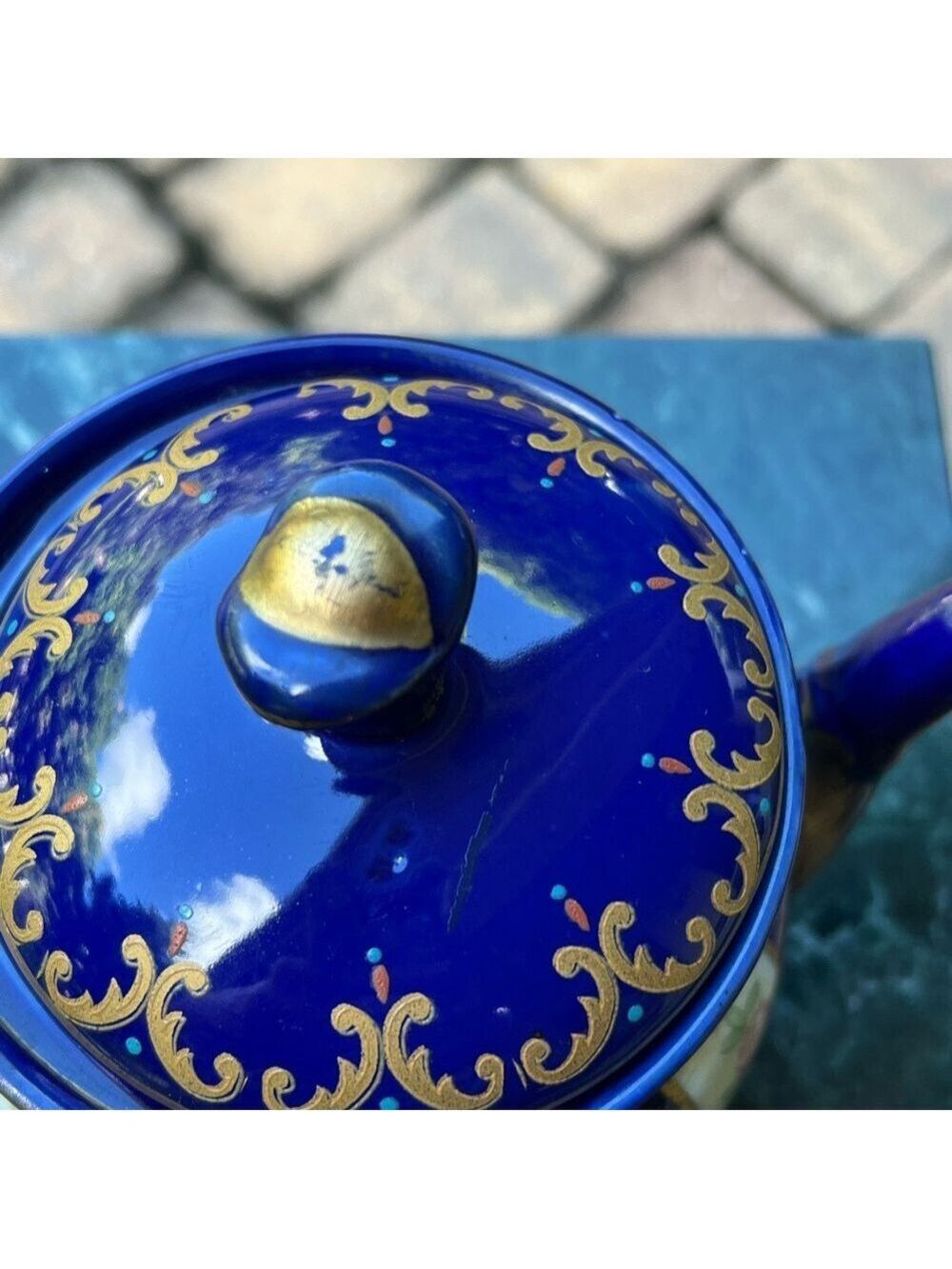 Vintage Venetian Lagoon Tea Pot Cobalt Blue Fine Porcelain with Gold Trims 8" - Picture 3 of 6